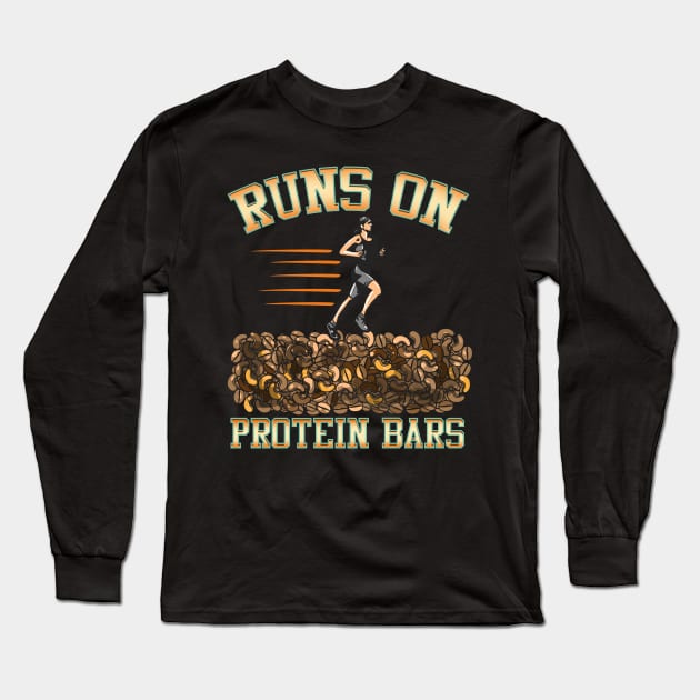 Runs On Protein Bars Funny Cardio & Running Pun Long Sleeve T-Shirt by theperfectpresents